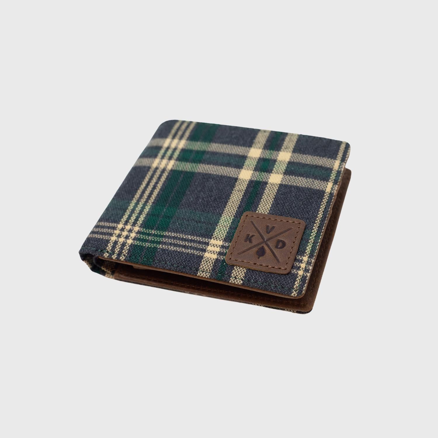 Ashford Leather and Tartan Bifold Wallet laid on its back.