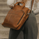 Women wearing tan leather laptop bag across body