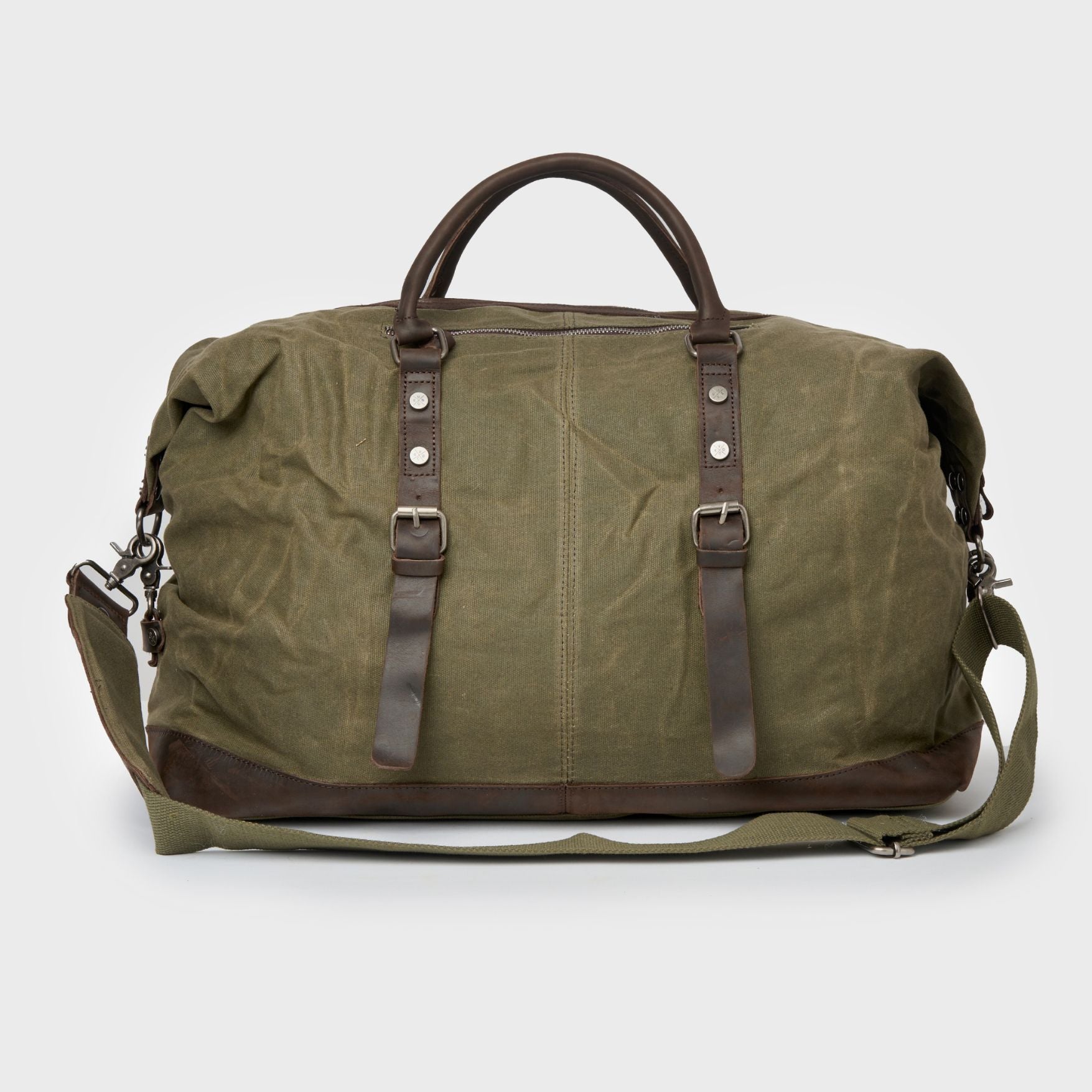 Image of the reverse of the Humber - Moss Green waxed cotton duffel bag/holdall