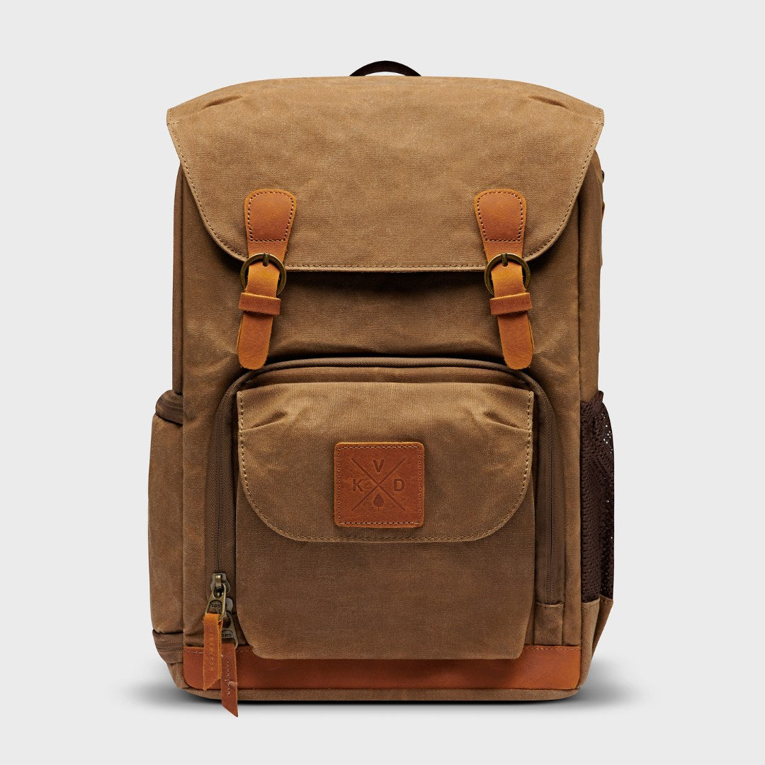 Kovered Tan waxed canvas and reclaimed leather photography backpack#colour_tan