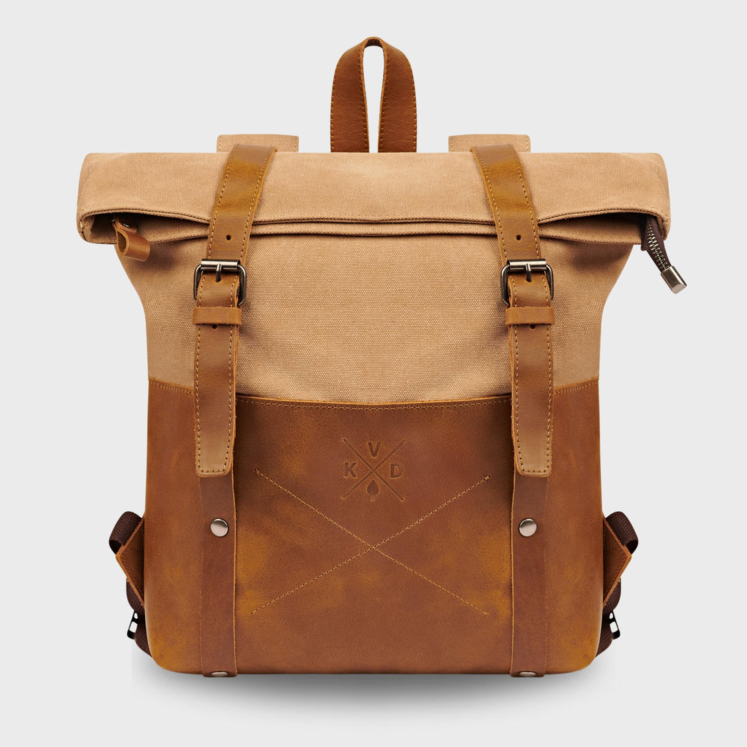Witham tan canvas and reclaimed leather backpack front view#colour_tan
