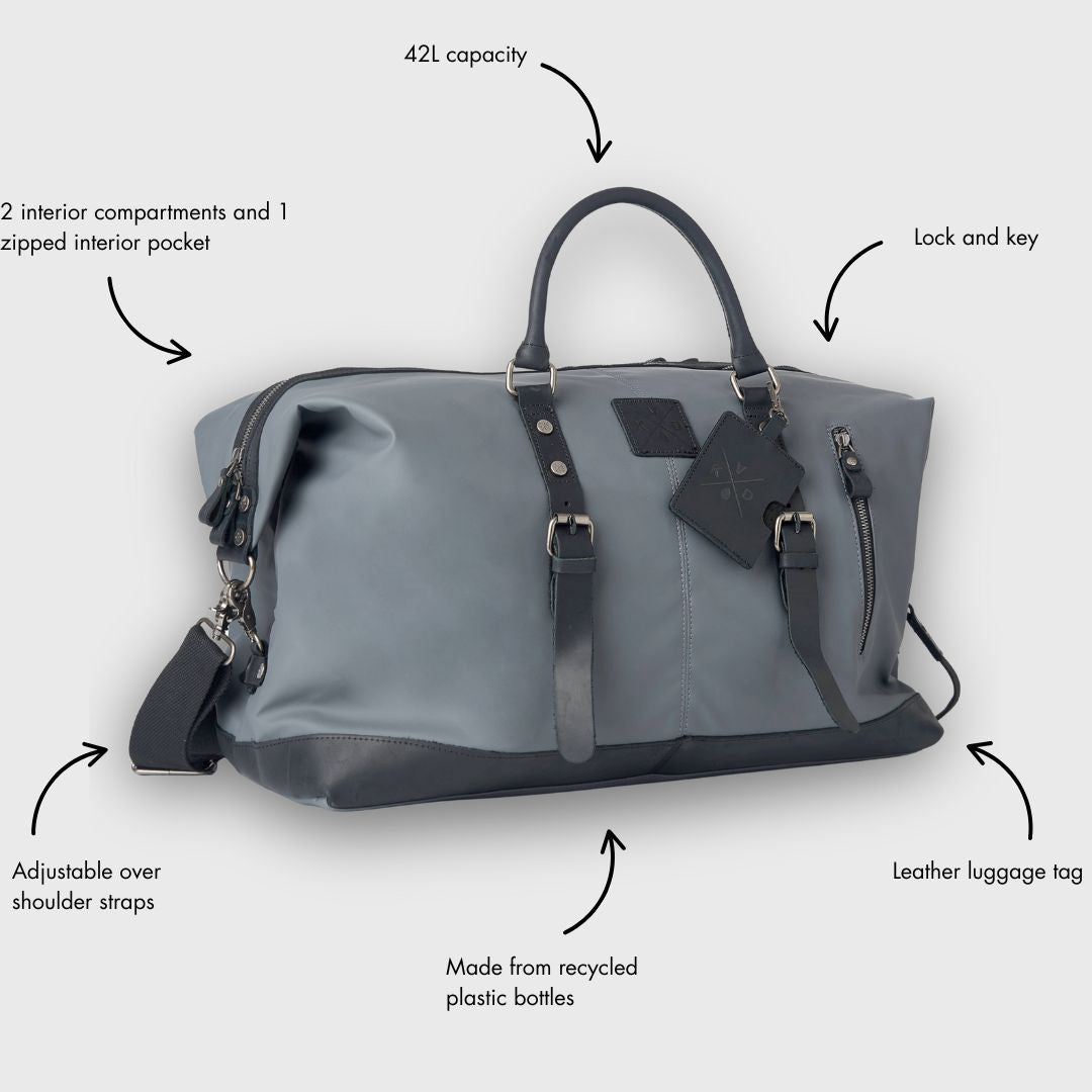 Gray duffel bag with features highlighted on a white background