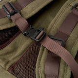 Adjustable sternum strap on the reverse of the Roe waxed canvas camera/adventure backpack