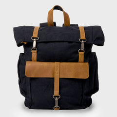 Front view of the Tay rolltop canvas backpack in black
