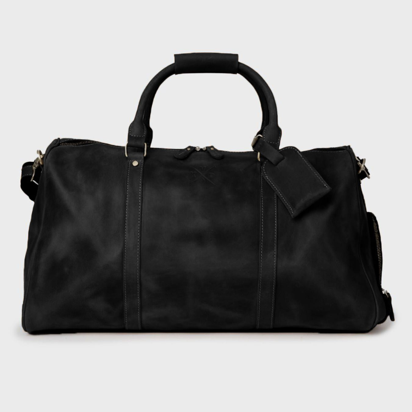 Black reclaimed leather holdall with top carry handle