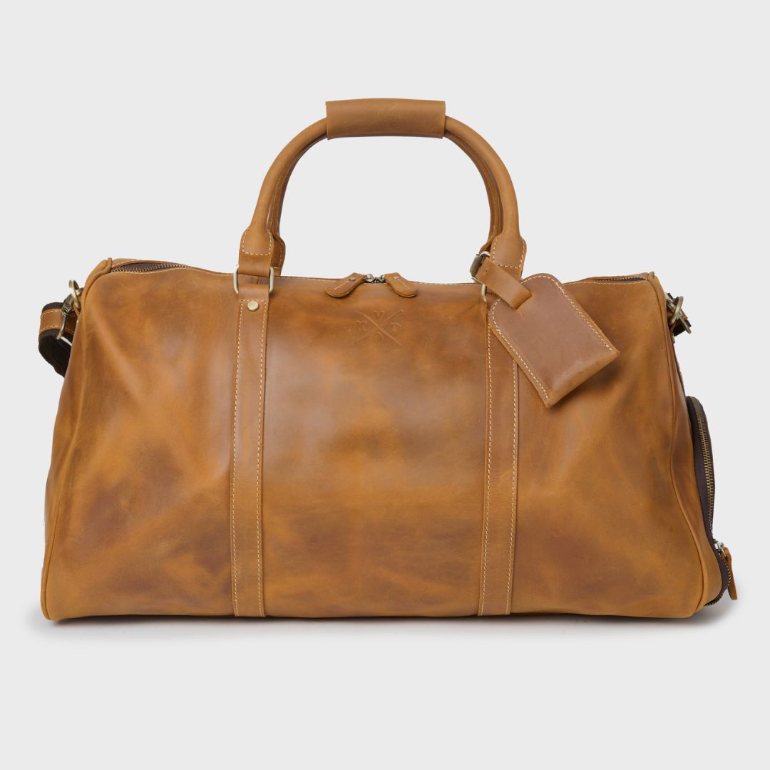 Tan reclaimed leather holdall with top carry handle
