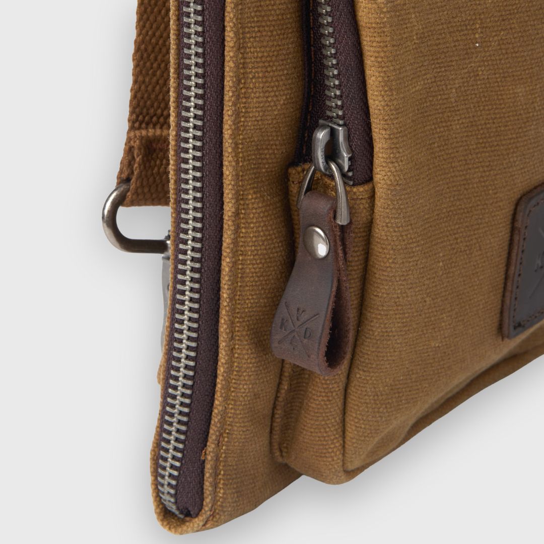 Brown leather bag with zipper on a white background