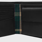 Close up image of the leather and the polyester tartan lining inside the Ashford - Black Leather Wallet