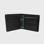 Open view of the Ashford - Black Bifold Leather wallet showing the card holder and change pocket to each side.