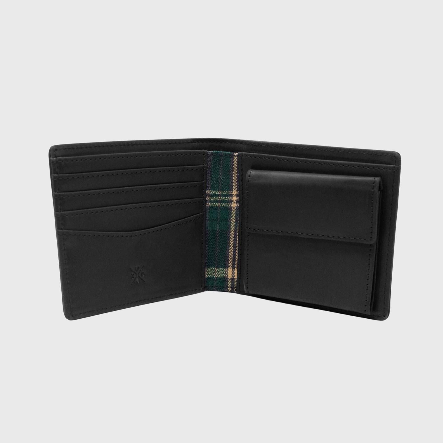 Open view of the Ashford - Black Bifold Leather wallet showing the card holder and change pocket to each side.