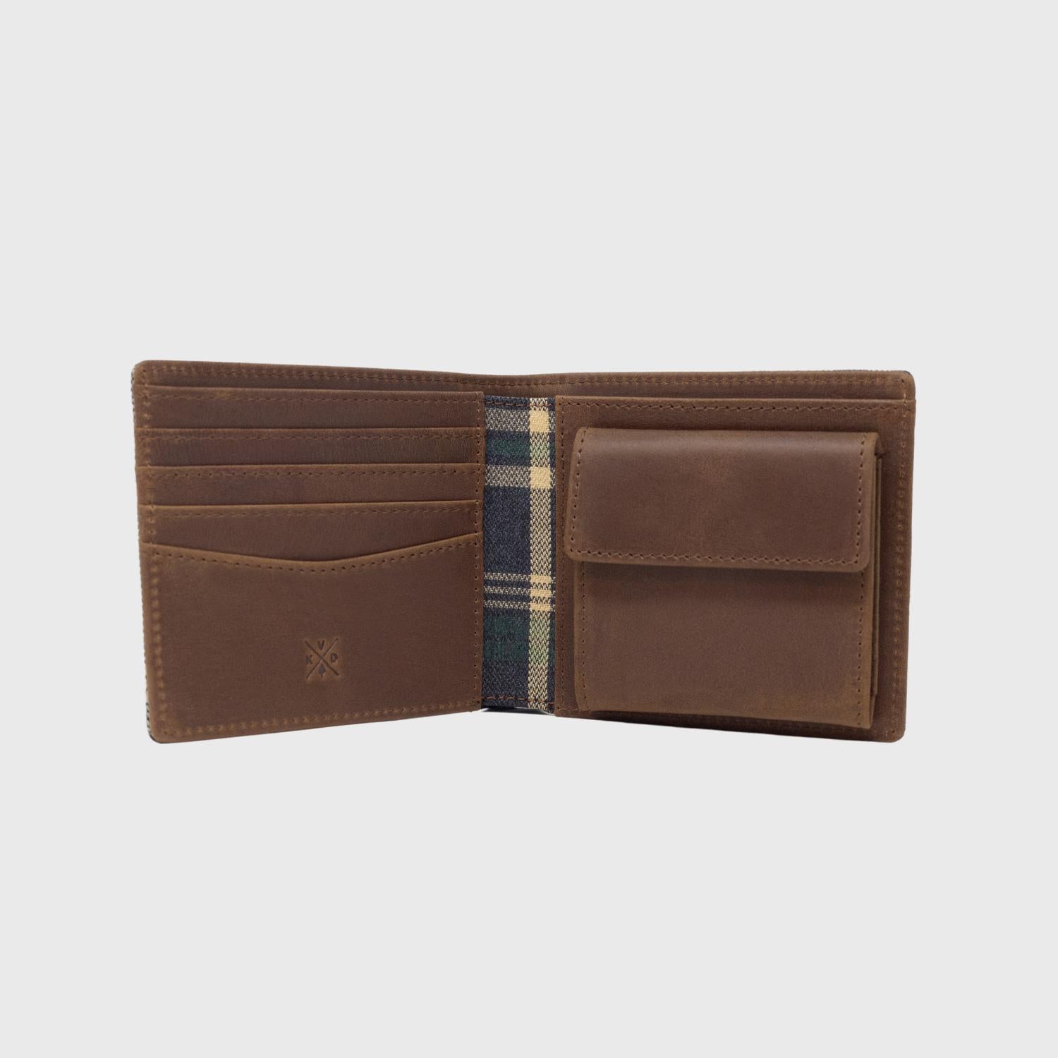 Open view of the Ashford - Tan Bifold Wallet showing the leather card holder and change pocket .