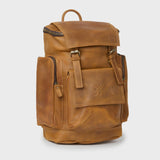 Reclaimed Tan leather backpack with zipped side pockets and Kovered logo on front flap.pocket 