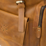 Close up of tan reclaimed leather backpack