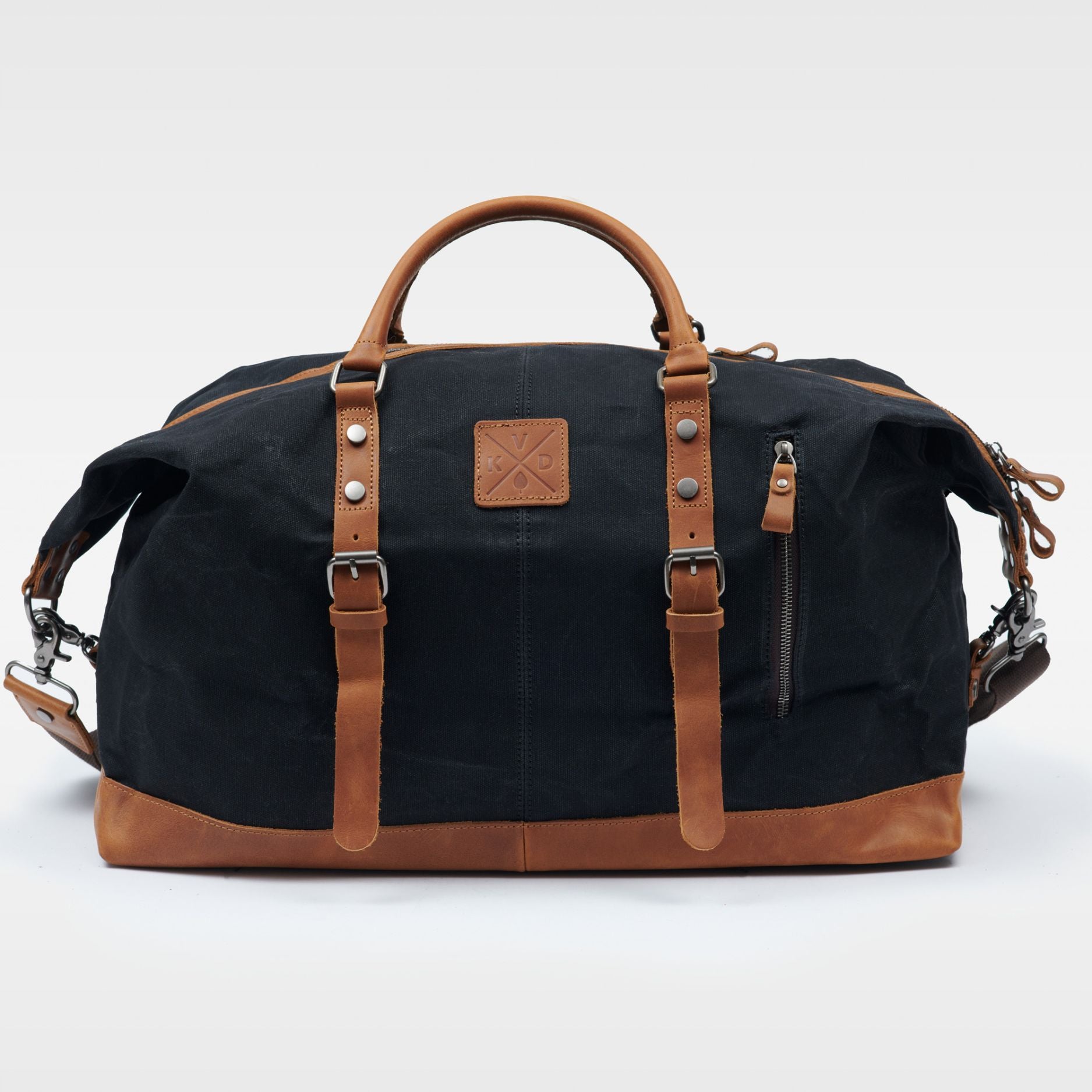 Kovered Humber black and tan duffle holdall bag made from waxed canvas and reclaimed leather front view#colour_black