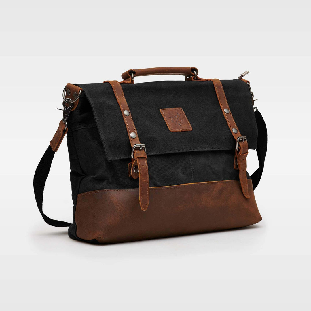 Kovered Mersey messenger satchel laptop back in black and tan angled view#colour_black