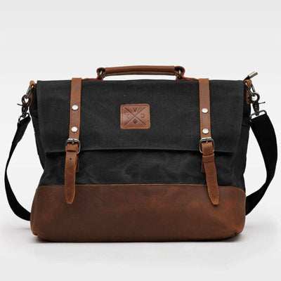 Kovered Mersey black and tan messenger satchel bag front view#colour_black