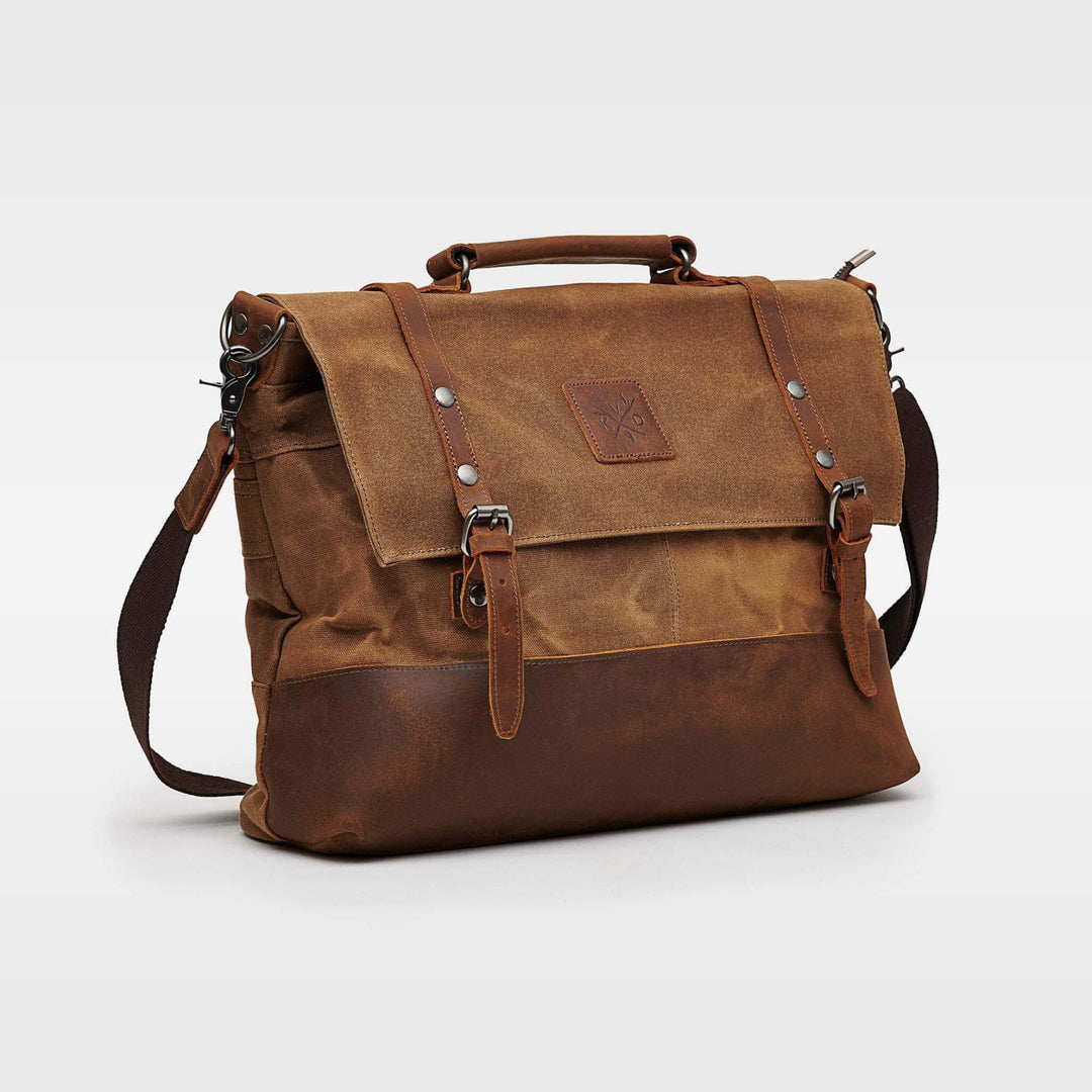 Kovered Mersey satchel messenger bag in tan made from waxed canvas and reclaimed leather angled view#colour_tan