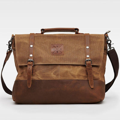 Kovered Mersey tan messenger style satchel bag made from waxed canvas and reclaimed leather front view#colour_tan