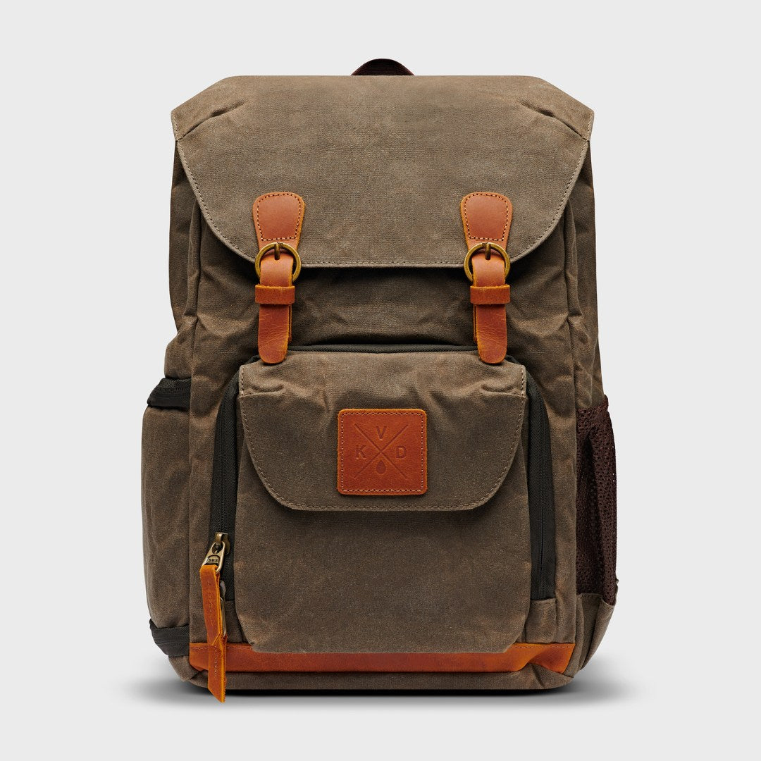 Kovered Green waxed canvas and reclaimed leather photography backpack#colour_moss-green