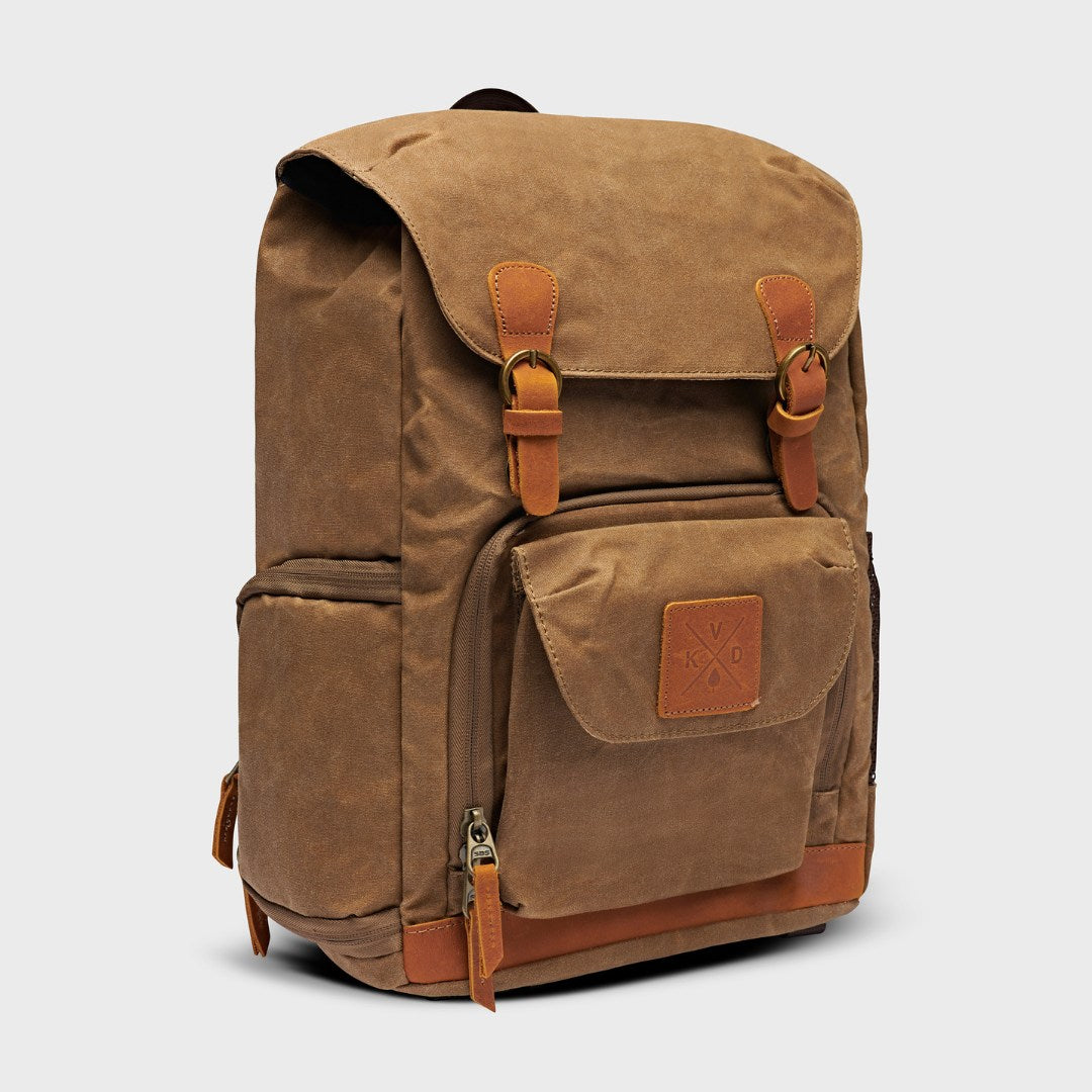 Kovered tan Roe adventure backpack made from waxed canvas and reclaimed leather 45 degree angle#colour_tan