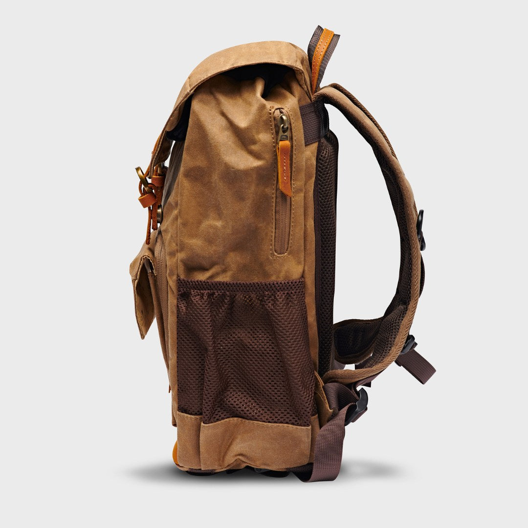 Kovered tan Roe adventure backpack side view of zip and external water bottle pocket#colour_tan
