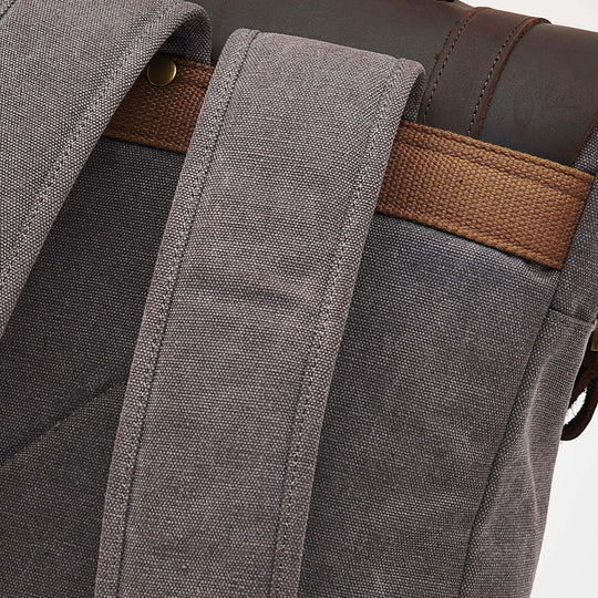 Kovered Tamar grey canvas backpack close up of strap detail#colour_grey