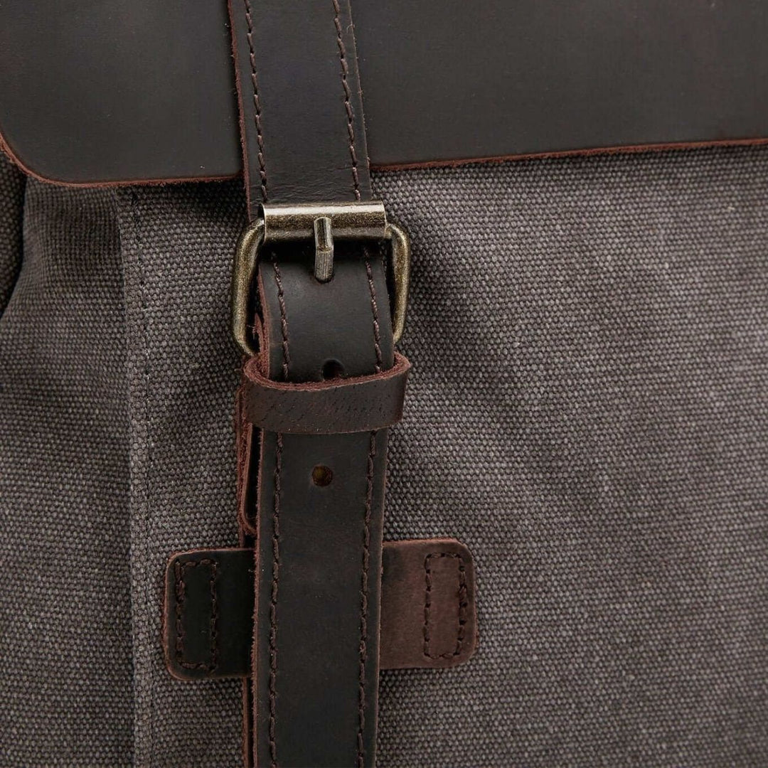 Kovered Tamar grey canvas backpack reclaimed leather magnetic buckle detail#colour_grey