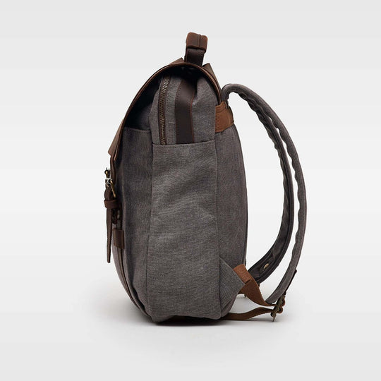 Kovered Tamar Grey reclaimed leather and canvas backpack side view#colour_grey