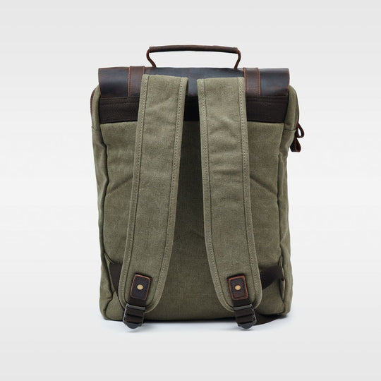 Kovered Tamar moss green canvas and reclaimed leather backpack rear view#colour_moss-green
