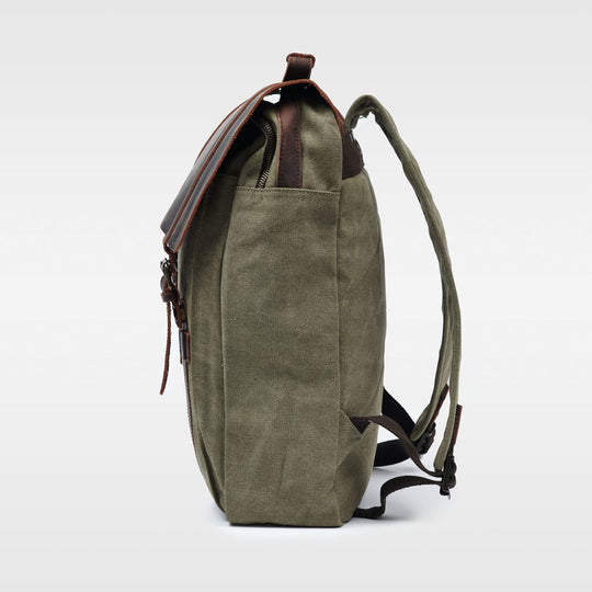 Kovered Tamar moss green canvas backpack side view#colour_moss-green