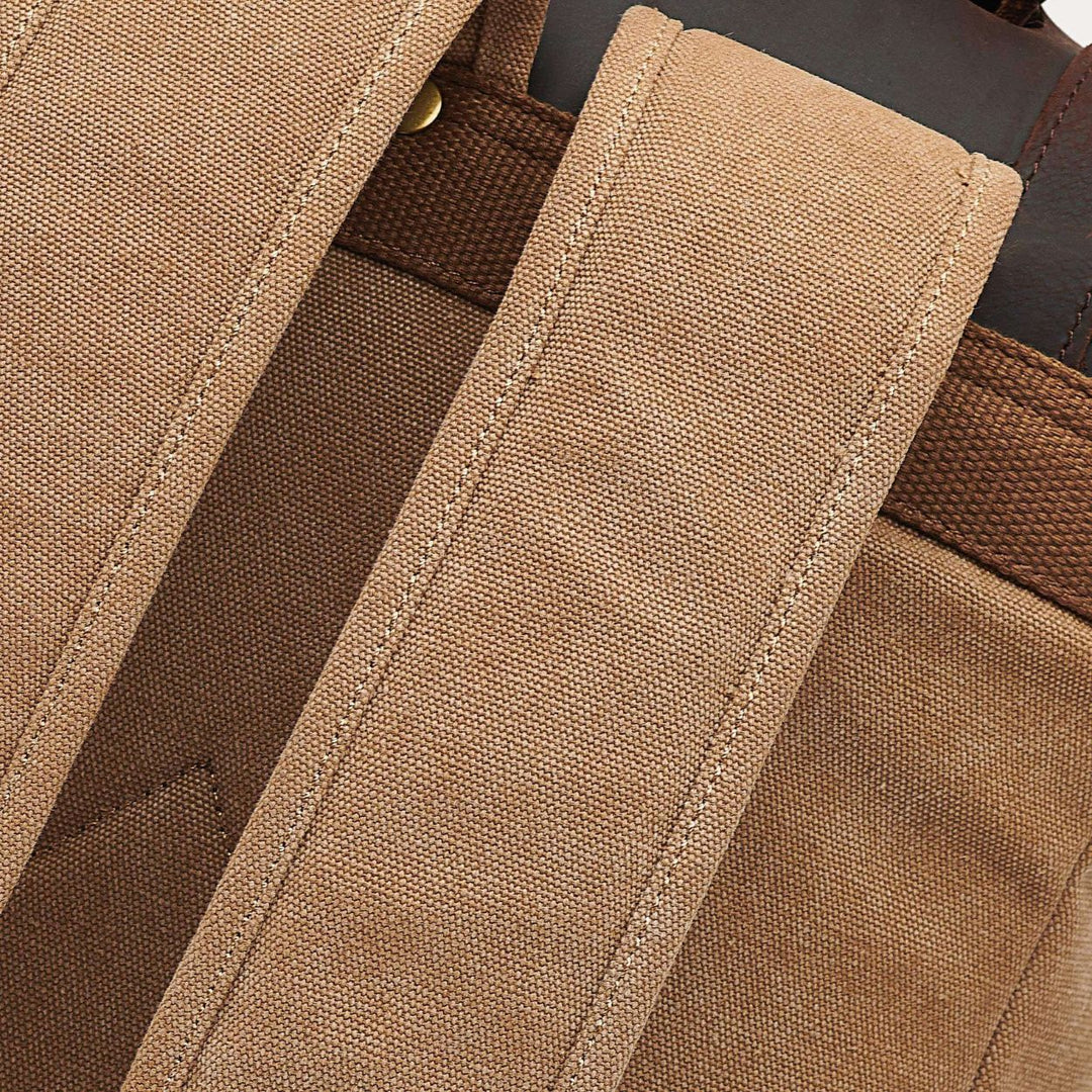 Kovered Tamar tan canvas backpack strap detail#colour_tan