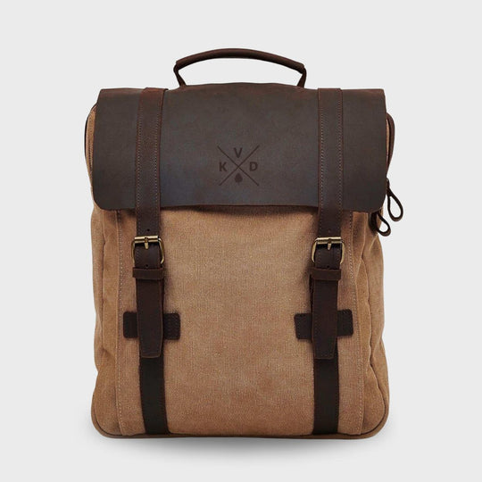 Kovered Tamar tan canvas backpack front view#colour_tan
