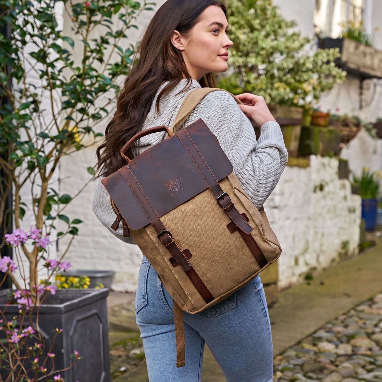 Kovered Tamar reclaimed leather backpack on female model#colour_tan