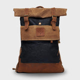 Black and tan waxed canvas rolltop backpack front view#colour_black