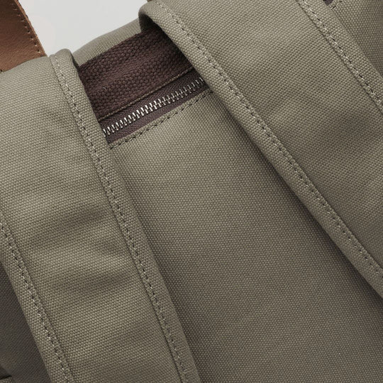Kovered canvas backpack close up of back straps#colour_taupe