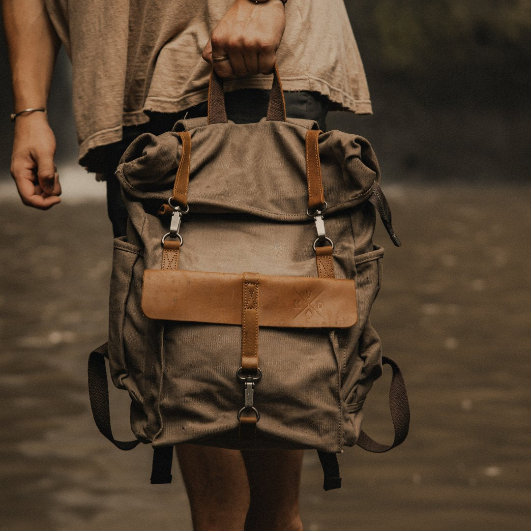 Tay Taupe canvas and reclaimed leather backpack in Bali#colour_taupe