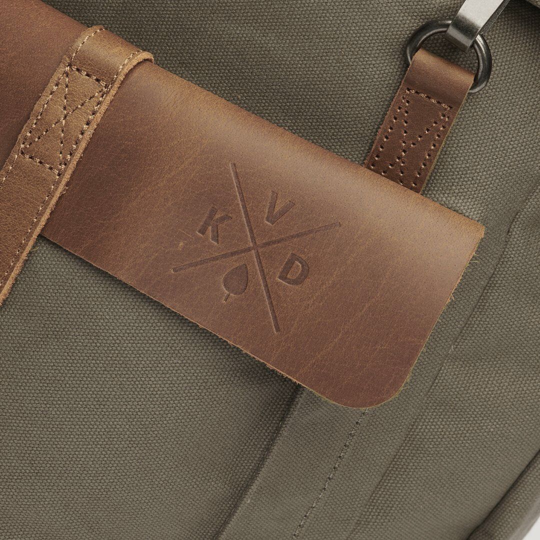 Kovered Tay canvas backpack close up of logo detail#colour_taupe