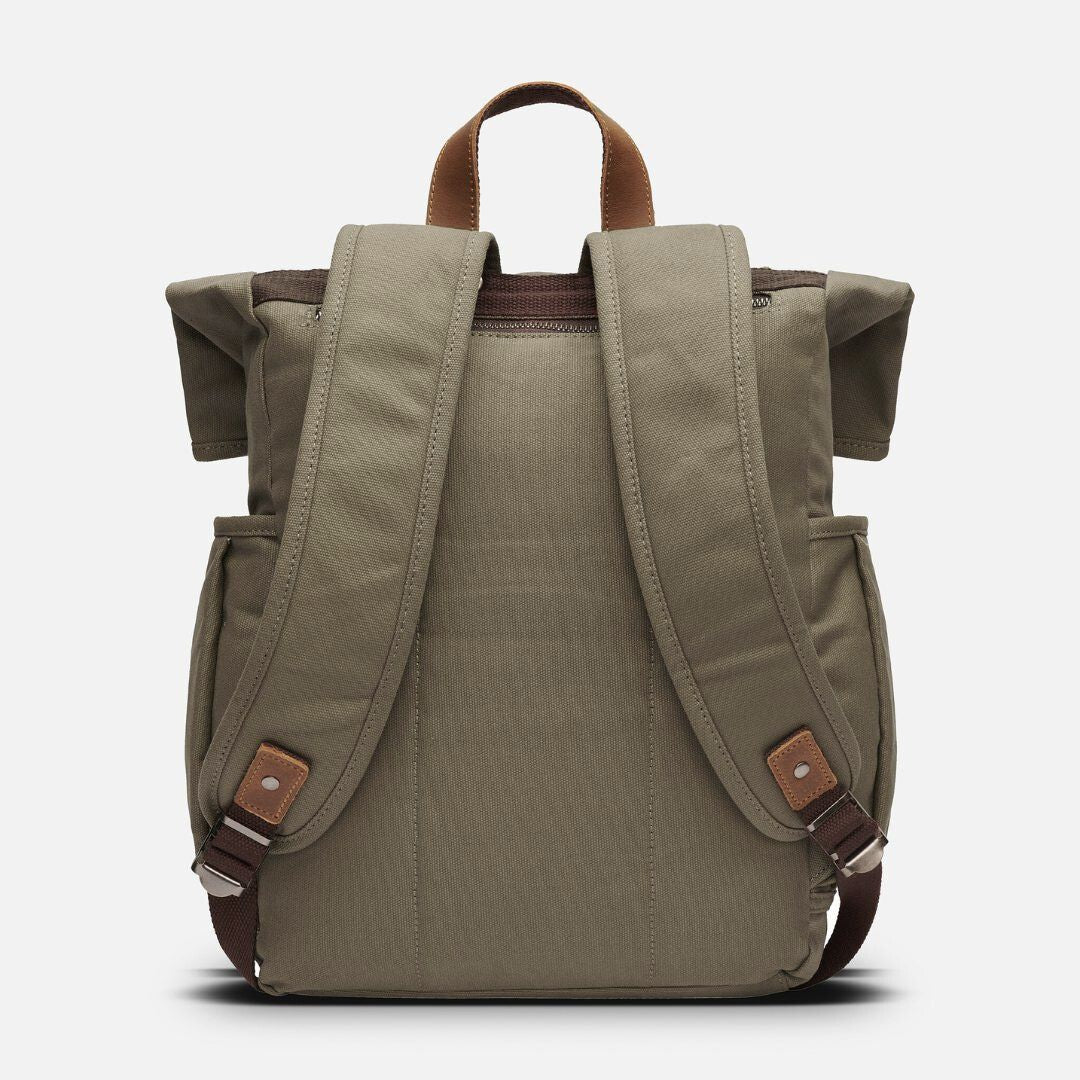Kovered Tay sustainable made reclaimed leather backpack rear view#colour_taupe