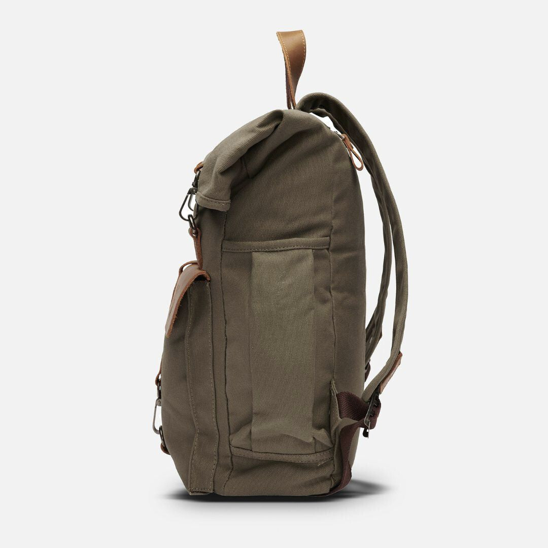 Kovered Tay canvas and reclaimed leather backpack side view#colour_taupe