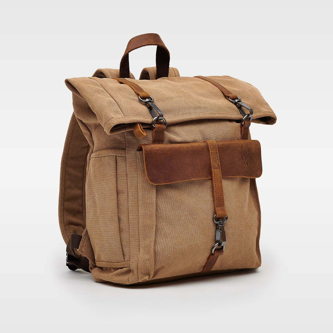 Kovered Tay canvas and reclaimed leather backpack angled view#colour_tan