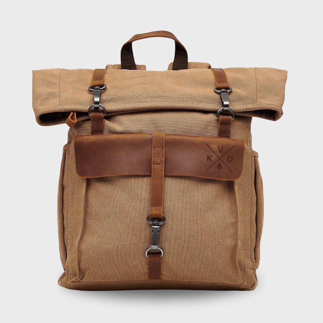 Kovered Tay tan canvas and reclaimed leather backpack front view#colour_tan