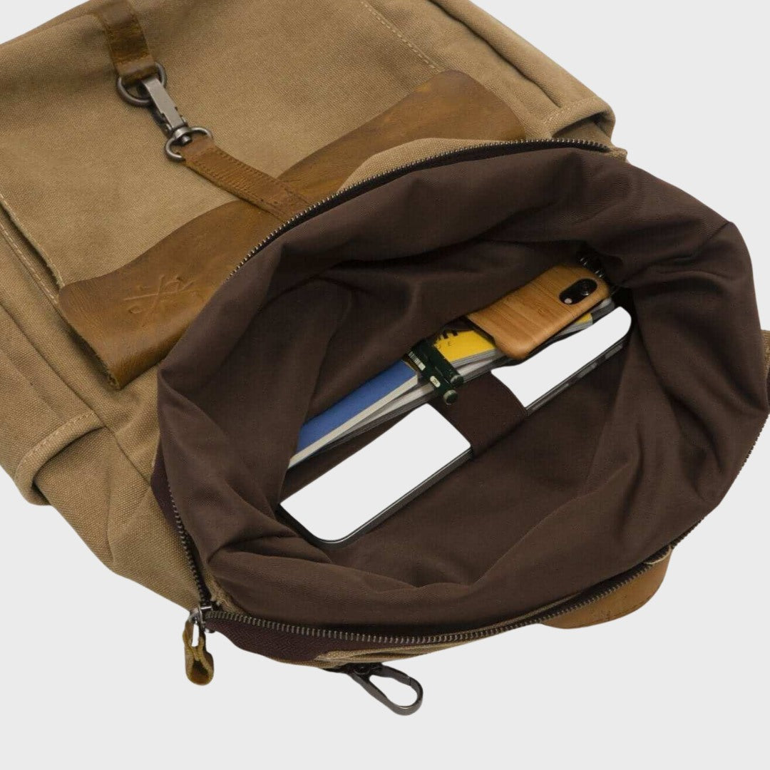 Kovered Tay tan reclaimed leather backpack interior with laptop and phone#colour_tan