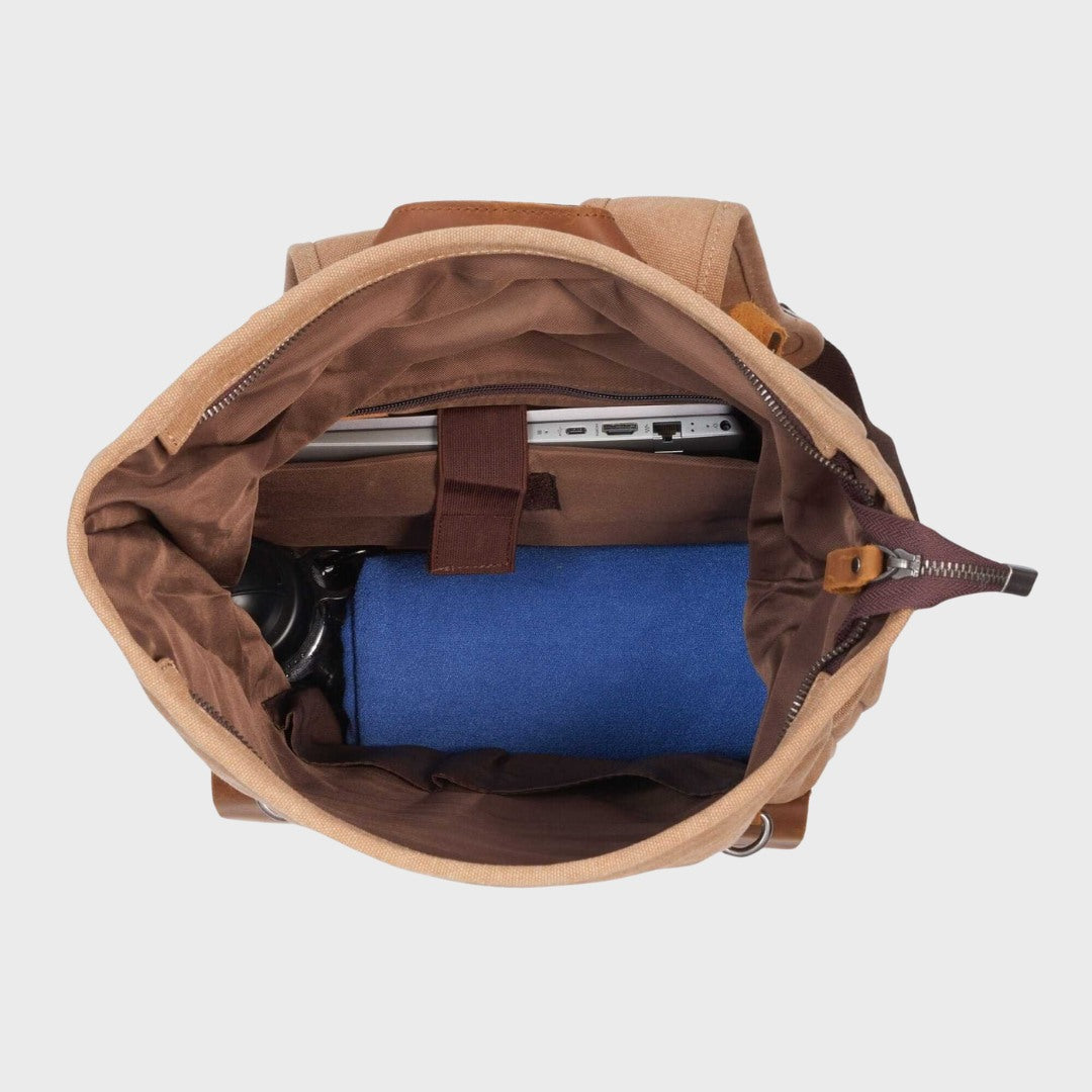 Kovered Tay tan backpack interior view with laptop and other belongings inside#colour_tan