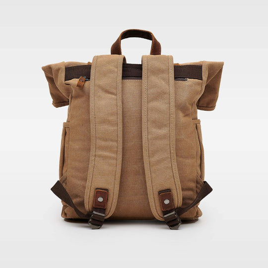 Kovered Tay tan canvas and reclaimed leather backpack rear view#colour_tan