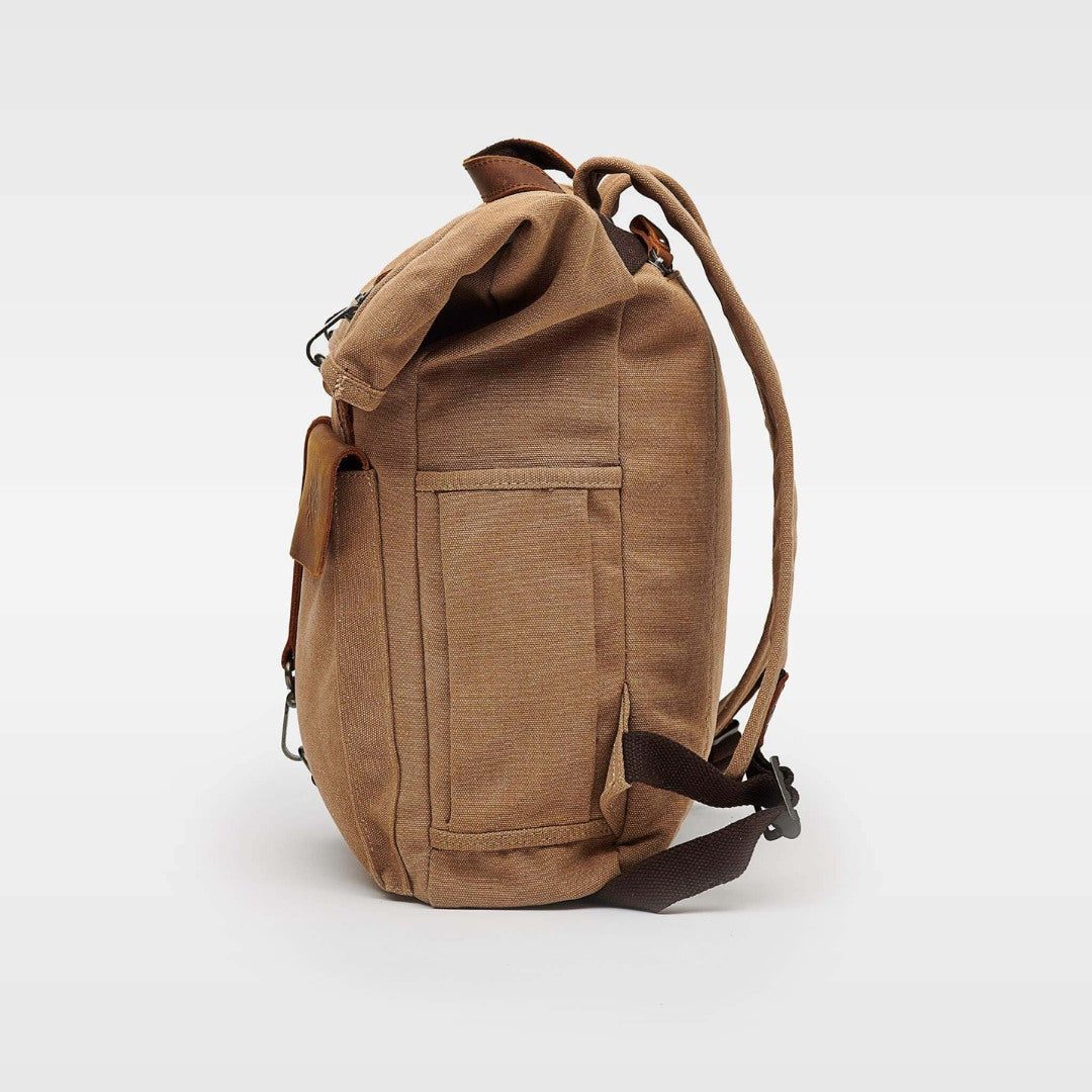 Kovered Tay canvas and reclaimed leather brown backpack water bottle pocket#colour_tan
