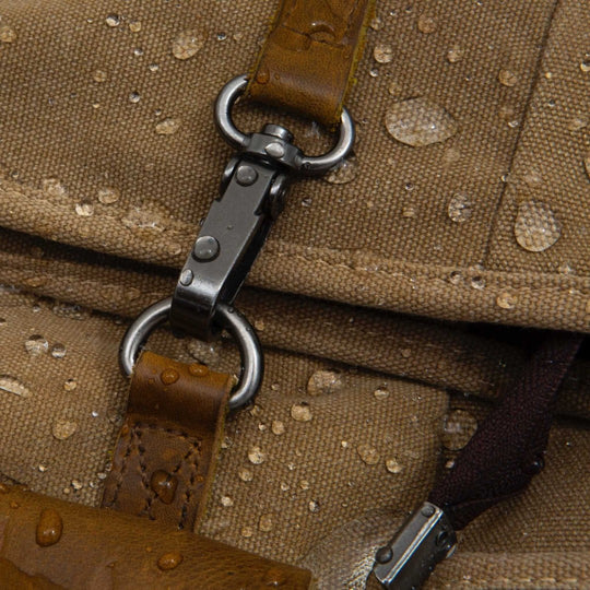 Kovered Tay canvas and reclaimed leather backpack water resistant close up detail#colour_tan