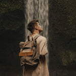 Tay canvas and reclaimed leather backpack Taupe in on Model in Bali#colour_taupe