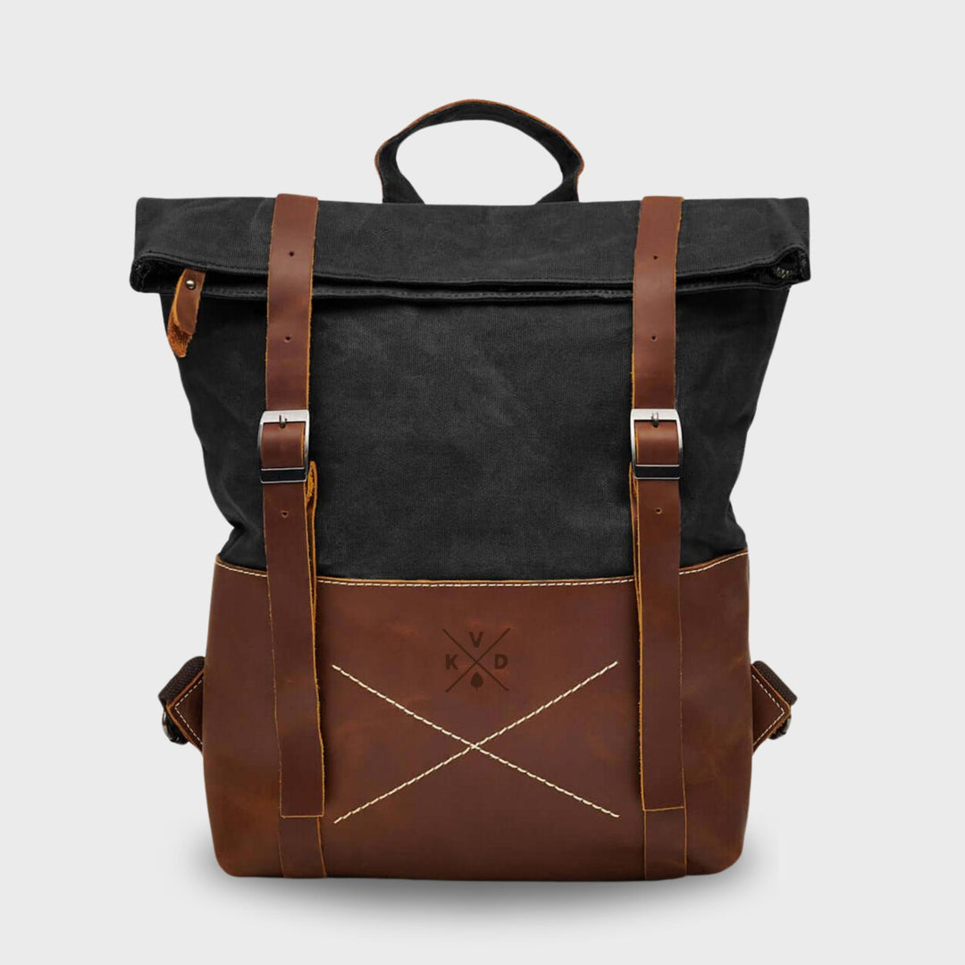 Kovered Thames reclaimed leather and waxed canvas black backpack front view#colour_black