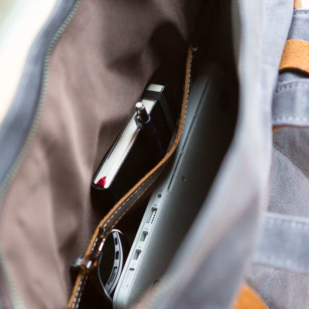 Kovered Thames reclaimed leather backpack grey interior view of laptop pocket#colour_grey