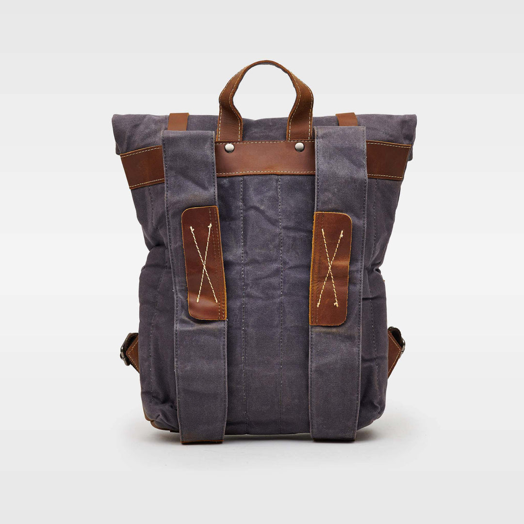 Kovered Thames waxed canvas and reclaimed leather grey rucksack view of backpack straps#colour_grey